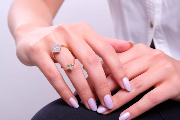 Woman Jewelery Concept Womans Hands Close Wearing Rings Necklace Modern — Stockfoto
