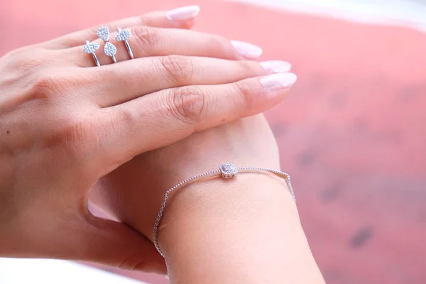 Woman Jewelery Concept Womans Hands Close Wearing Rings Necklace Modern 스톡 사진