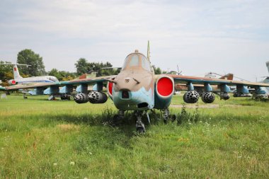 KIEV, UKRAINE - AUGUST 01, 2021: Ukrainian Air Force Sukhoi Su-25 Frogfoot displayed at Oleg Antonov State Aviation Museum clipart