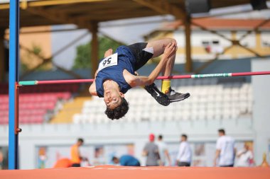 ISTANBUL, TURKEY - AUGUST 07, 2021: Undefined athlete high jumping during Turkish Athletic Federation Olympic Threshold Competitions