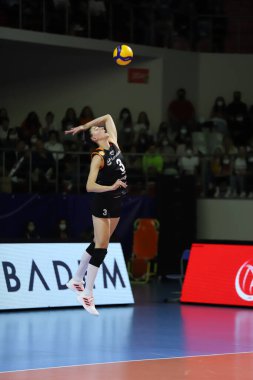 ISTANBUL, TURKEY - SEPTEMBER 05, 2021: Tijana Boskoviç Burhan Felek Spor Salonu 'nda oynanan Vakıfbank - Eczacibasi Şampiyonlar Kupası karşılaşmasında servis verdi