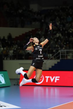 ISTANBUL, TURKEY - SEPTEMBER 05, 2021: Hande Baladin Burhan Felek Spor Salonu 'nda Vakıfbank - Eczacibasi Şampiyonlar Kupası karşılaşmasında servis