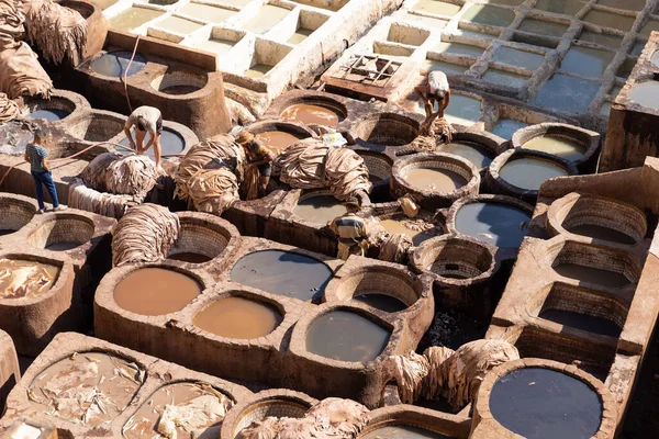 FEZ, MOROCCO - 31 Ekim 2021: İnsanlar Fez City 'de ziyaret etmek için en popüler yerlerden biri olan Chouara Tannery' de deri boyuyorlar