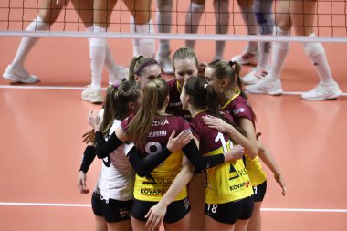 ISTANBUL, TURKEY - 21 Aralık 2021: VK Dukla Liberec oyuncuları, Burhan Felek Spor Salonu 'nda VK Dukla Liberec CEV Şampiyonlar Ligi Volley Maçı' nda skor puanını kutluyor