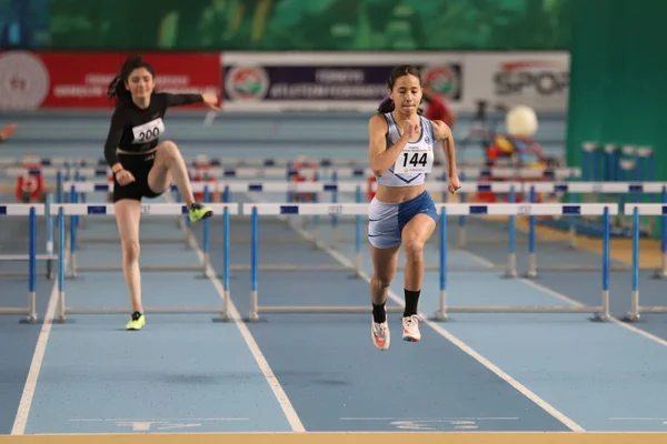 Istanbul Turkey December 2021 Athletes Running Metres Hurdles Turkish Athletic — Stock Photo, Image