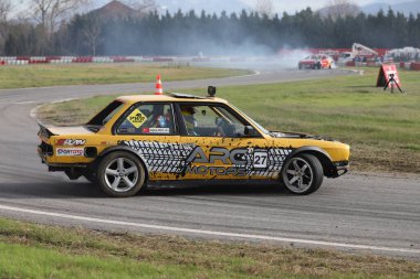 KOCAELI, TURKEY - DECEMBER 26, 2021: Drift car performance during Turkish Rallycross Championships.