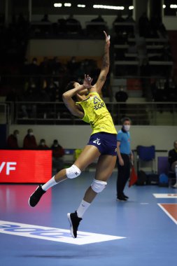 ISTANBUL, TURKEY - 23 Ocak 2022: Melissa Vargas, Burhan Felek Spor Salonu 'nda Fenerbahçe Opet vs Vakıfbank Türkiye Sultanlar Ligi karşılaşmasında görev yapıyor