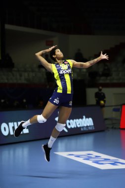 ISTANBUL, TURKEY - 19 Ocak 2022: Melissa Vargas, Burhan Felek Spor Salonu 'nda Fenerbahçe - VC Maritza CEV Şampiyonlar Ligi Volley Maçı' nda görev yapıyor.