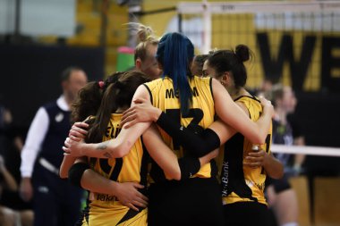 ISTANBUL, TURKEY - 20 HAZİRAN 2022: Vakıfbank oyuncuları Vakıfbank Spor Salonu 'nda düzenlenen LP Salo CEV Şampiyonlar Ligi Volley Maçı sırasında skor puanını kutluyorlar