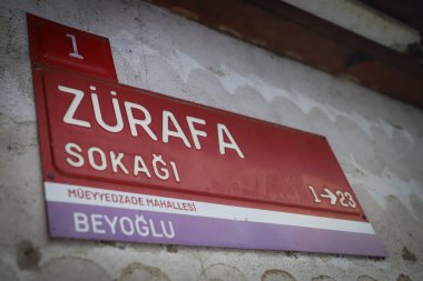 ISTANBUL, TURKEY - JANUARY 06, 2022: Street sign of Zurefa Street where brothel district of Istanbul and closed in 2019