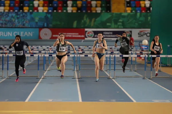 Istanbul Turkey February 2022 Athletes Running Metres Hurdles Turkish Indoor — Foto Stock