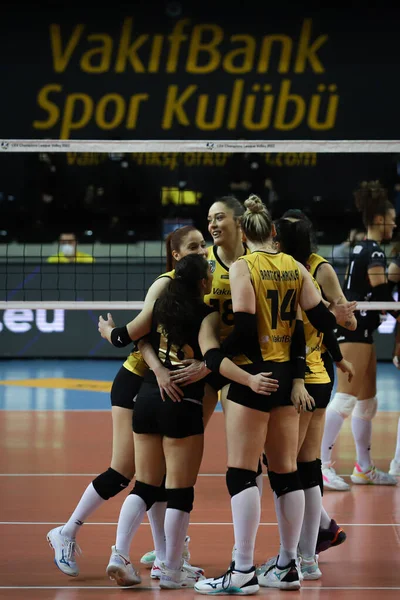 Istanbul Turkey February 2022 Vakifbank Players Celebrating Score Point Asptt — Foto de Stock