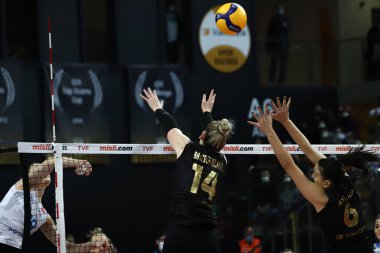 ISTANBUL, TURKEY - FEBRUARY 12, 2022: Michelle Bartsch-Hackley and Kubra Caliskan in action during Vakifbank vs Nilufer Belediyespor Turkish Sultans League match in Vakifbank Sport Hall