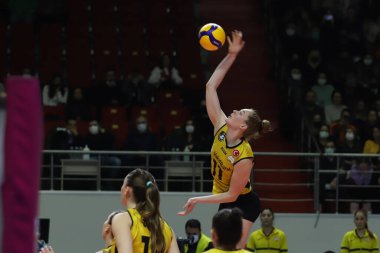 ISTANBUL, TURKEY - MARCH 13, 2022: Isabelle Haak in action during Galatasaray HDI Sigorta vs Vakifbank Turkish Sultans League match in Burhan Felek Sport Hall