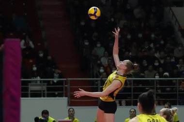 ISTANBUL, TURKEY - MARCH 13, 2022: Isabelle Haak in action during Galatasaray HDI Sigorta vs Vakifbank Turkish Sultans League match in Burhan Felek Sport Hall