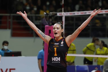 ISTANBUL, TURKEY - MARCH 13, 2022: Anthi Vasilantonaki in Galatasaray HDI Sigorta vs Vakifbank Turkish Sultans League match in Burhan Felek Sport Hall