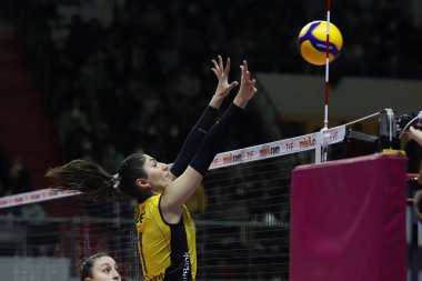 ISTANBUL, TURKEY - MARCH 13, 2022: Buket Gulubay in action during Galatasaray HDI Sigorta vs Vakifbank Turkish Sultans League match in Burhan Felek Sport Hall