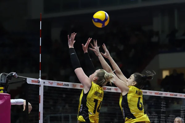 ISTANBUL, TURKEY - MARCH 13, 2022: Michelle Bartsch-Hackley and Kubra Caliskan in action during Galatasaray HDI Sigorta vs Vakifbank Turkish Sultans League match in Burhan Felek Sport Hall