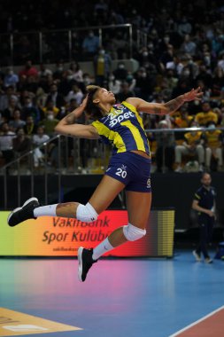 ISTANBUL, TURKEY - MARCH 31, 2022: Melissa Vargas serves during Vakifbank vs Fenerbahce Opet CEV Champions League Volley Semi Final match in Vakifbank Sport Hall
