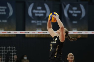 ISTANBUL, TURKEY - MARCH 20, 2022: Cansu Ozbay in action during Vakifbank vs PTT Turkish Sultans League match in Vakifbank Sport Hall