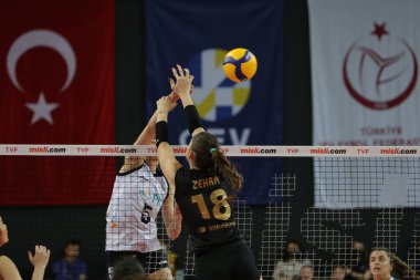 ISTANBUL, TURKEY - MARCH 20, 2022: Zehra Gunes in action during Vakifbank vs PTT Turkish Sultans League match in Vakifbank Sport Hall