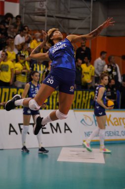 ISTANBUL, TURKEY - APRIL 25, 2022: Melissa Vargas warming up before Eczacibasi Dynavit vs Fenerbahce Opet Turkish Sultans League Playoff 1-4 match in Eczacibasi Sport Hall