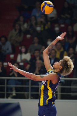 ISTANBUL, TURKEY - APRIL 22, 2022: Melissa Vargas in action during Fenerbahce Opet vs Eczacibasi Dynavit Turkish Sultans League Playoff 1-4 match in Burhan Felek Sport Hall