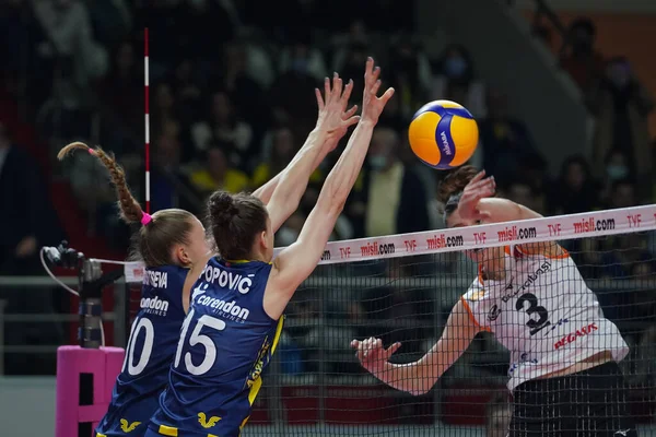 ISTANBUL, TURKEY - APRIL 22, 2022: Arina Fedorovtseva and Mina Popovic in action during Fenerbahce Opet vs Eczacibasi Dynavit Turkish Sultans League Playoff 1-4 match in Burhan Felek Sport Hall