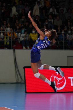 ISTANBUL, TURKEY - APRIL 06, 2022: Melissa Vargas in action during Fenerbahce Opet vs Vakifbank CEV Champions League Volley Semi Final match in Vakifbank Sport Hall