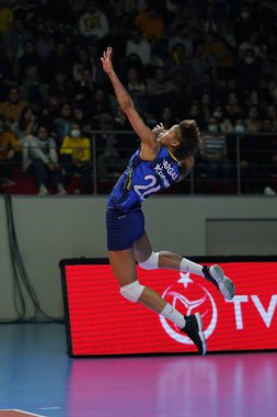 ISTANBUL, TURKEY - APRIL 06, 2022: Melissa Vargas serves during Fenerbahce Opet vs Vakifbank CEV Champions League Volley Semi Final match in Vakifbank Sport Hall