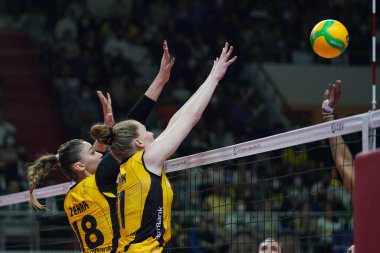 ISTANBUL, TURKEY - APRIL 06, 2022: Zehra Gunes and Isabelle Haak in action during Fenerbahce Opet vs Vakifbank CEV Champions League Volley Semi Final match in Vakifbank Sport Hall