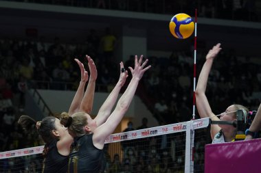 ISTANBUL, TURKEY - APRIL 30, 2022: Kubra Caliskan and Isabelle Haak in action during Fenerbahce Opet vs Vakifbank Turkish Sultans League Playoff Final match in Burhan Felek Sport Hall