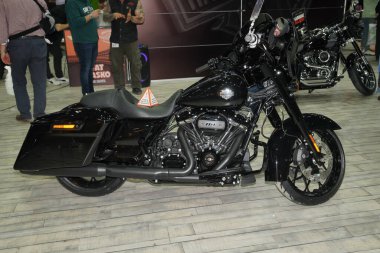 ISTANBUL, TURKEY - APRIL 23, 2022: Harley Davidson motorcycle on display at Motobike Expo in Istanbul Exhibition Center