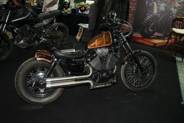 ISTANBUL, TURKEY - APRIL 23, 2022: Yamaha motorcycle on display at Motobike Expo in Istanbul Exhibition Center