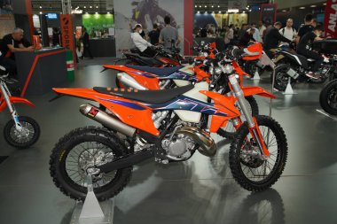 ISTANBUL, TURKEY - APRIL 23, 2022: KTM motorcycle on display at Motobike Expo in Istanbul Exhibition Center