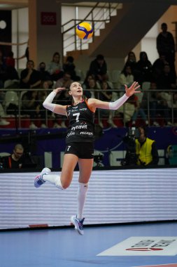 ISTANBUL, TURKEY - APRIL 30, 2022: Hande Baladin serves during Turk Hava Yollari vs Eczacibasi Dynavit Turkish Sultans League Playoff 3-4 match in Burhan Felek Sport Hall