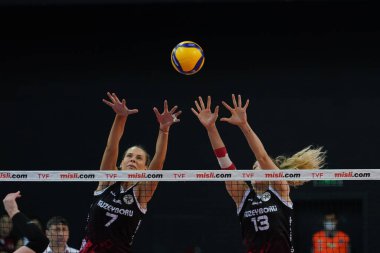 ISTANBUL, TURKEY - APRIL 03, 2022: Olesia Rykhliuk and Sabriye Gonulkirmaz Dikmen in action during Vakifbank vs Kuzeyboru Turkish Sultans League match in Vakifbank Sport Hall