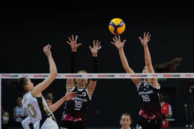ISTANBUL, TURKEY - APRIL 03, 2022: Arelya Karasoy and Yasemin Sahin Yildirim in action during Vakifbank vs Kuzeyboru Turkish Sultans League match in Vakifbank Sport Hall
