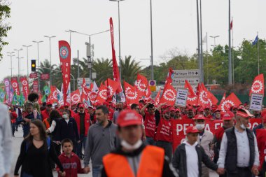 ISTANBUL, TURKEY - MAY 01, 2022: People march in International Workers Day