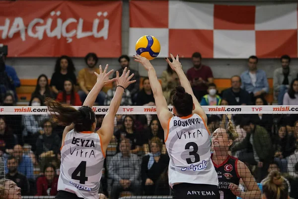 ISTANBUL, TURKEY - MAY 03, 2022: Beyza Arici and Tijana Boskovic in action during Eczacibasi Dynavit vs Turk Hava Yollari Turkish Sultans League Playoff 3-4 match in Eczacibasi Sport Hall