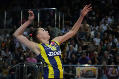 ISTANBUL, TURKEY - MAY 06, 2022: Arina Fedorovtseva serves during Fenerbahce Opet vs Vakifbank Turkish Sultans League Playoff Final match in Burhan Felek Sport Hall