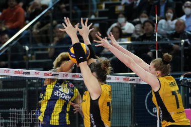 ISTANBUL, TURKEY - MAY 06, 2022: Zehra Gunes and Isabelle Haak in action during Fenerbahce Opet vs Vakifbank Turkish Sultans League Playoff Final match in Burhan Felek Sport Hall