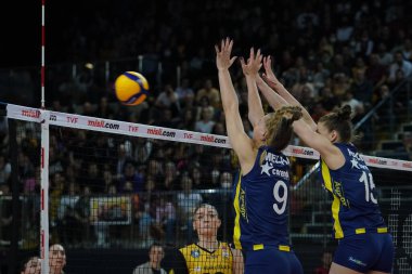ISTANBUL, TURKEY - MAY 06, 2022: Meliha Ismailoglu and Mina Popovic in action during Fenerbahce Opet vs Vakifbank Turkish Sultans League Playoff Final match in Burhan Felek Sport Hall