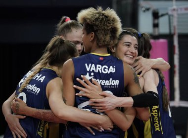 ISTANBUL, TURKEY - MAY 06, 2022: Fenerbahce Opet players celebrating score point during Vakifbank Turkish Sultans League Playoff Final match in Burhan Felek Sport Hall