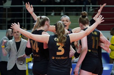 ISTANBUL, TURKEY - MAY 09, 2022: Vakifbank players celebrating score point during Fenerbahce Opet Turkish Sultans League Playoff Final match in Burhan Felek Sport Hall