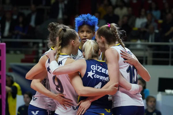ISTANBUL, TURKEY - MAY 09, 2022: Fenerbahce Opet players celebrating score point during Vakifbank Turkish Sultans League Playoff Final match in Burhan Felek Sport Hall