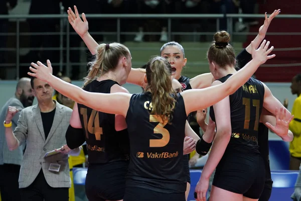 ISTANBUL, TURKEY - MAY 09, 2022: Vakifbank players celebrating score point during Fenerbahce Opet Turkish Sultans League Playoff Final match in Burhan Felek Sport Hall