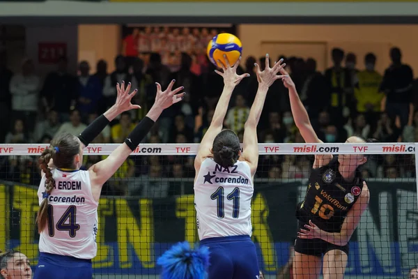 ISTANBUL, TURKEY - MAY 09, 2022: Eda Erdem Dundar and Naz Aydemir Akyol in action during Fenerbahce Opet vs Vakifbank Turkish Sultans League Playoff Final match in Burhan Felek Sport Hall