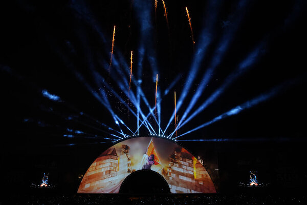 ISTANBUL, TURKEY - MAY 29, 2022: Light show during celebrations of anniversary of Istanbuls conquest