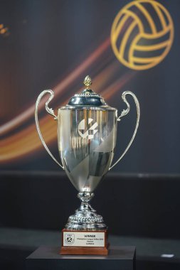 ISTANBUL, TURKEY - MAY 23, 2022: Champions League  Volley 2022 cup displays during press conference of Vakifbank womens volleyball team after winning 5th cup in one seasson